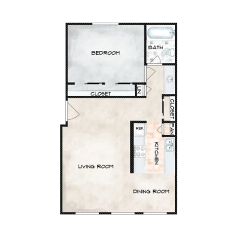 Floor plan for 1 bed, 1 bath, 656 sqft